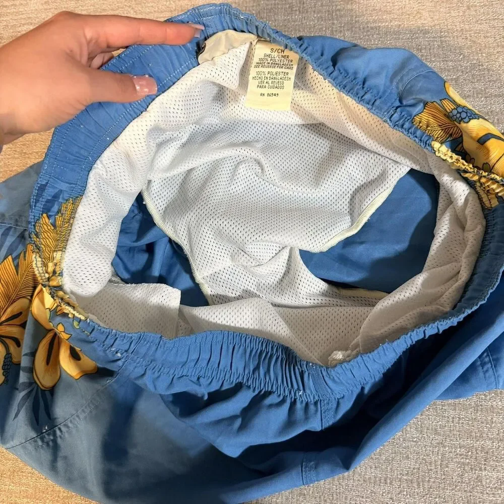Bungalow Brand Shorts Mens Small Blue Floral Hawaiian Swim Trunks Mesh Lined